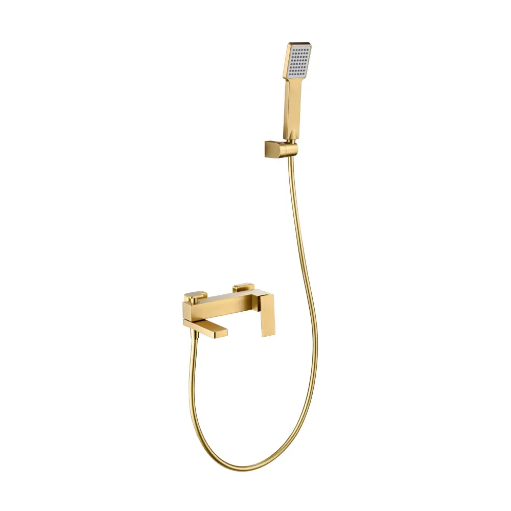 Brushed gold modern single lever shower set with contemporary bath fixtures
