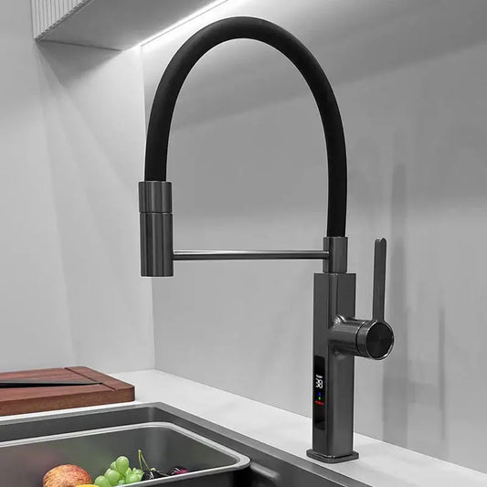 LED Panel Deck Mounted Flexible Hose Sink Kitchen Faucet - Black Chrome - LED / G1/2 - Kitchen Faucets