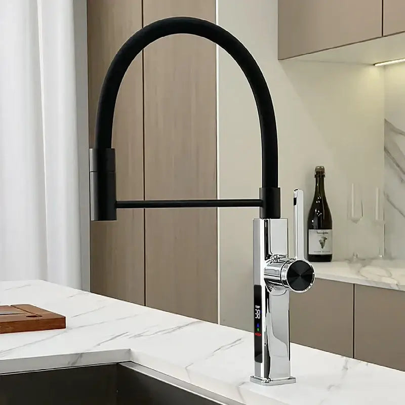LED Panel Deck Mounted Flexible Hose Sink Kitchen Faucet - Black Silver - LED / G1/2 - Kitchen Faucets
