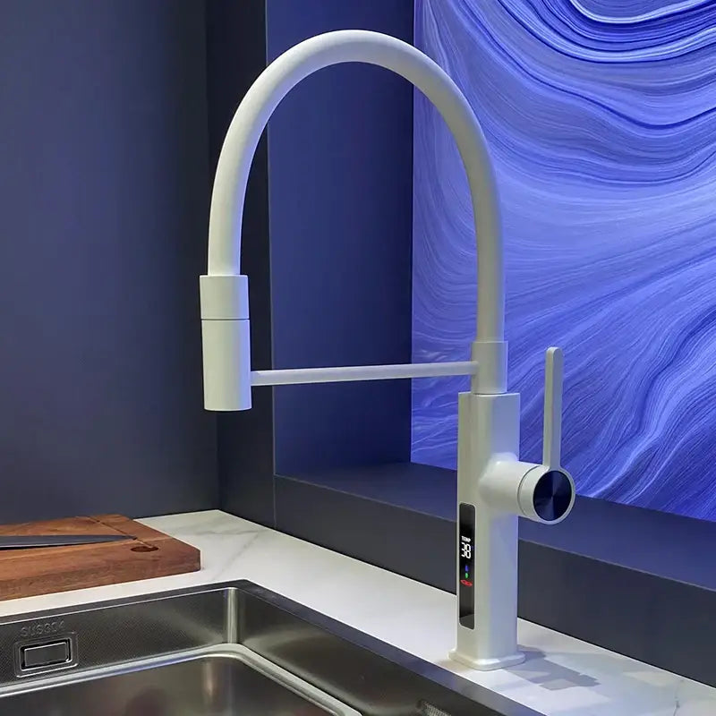 LED Panel Deck Mounted Flexible Hose Sink Kitchen Faucet - White - LED / G1/2 - Kitchen Faucets