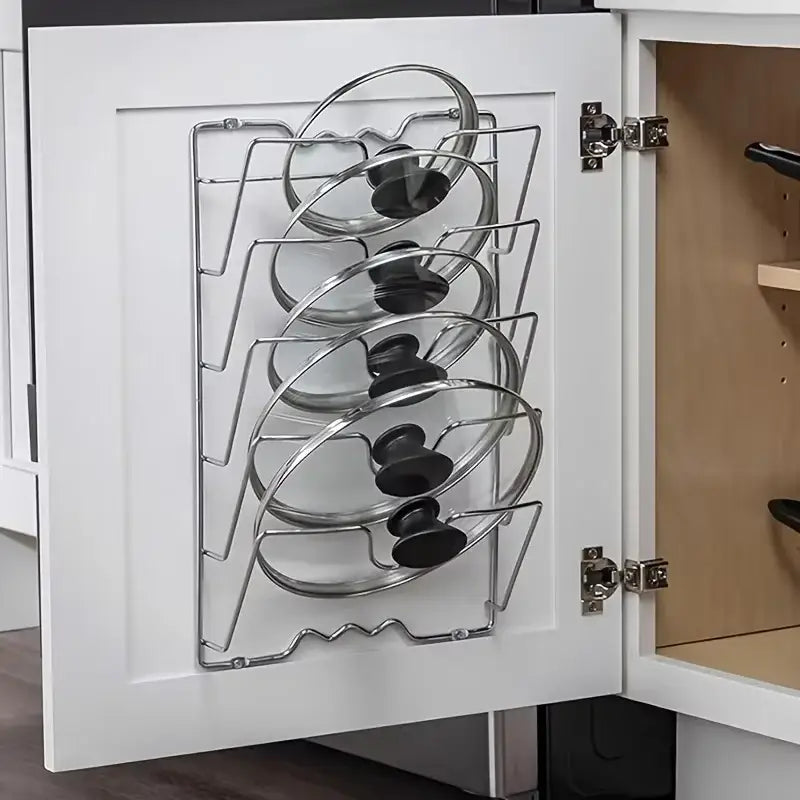 Silver Hanging Rack Metal Hanging Pot Lid Rack Kitchen Storage Organizer – Orniture™
