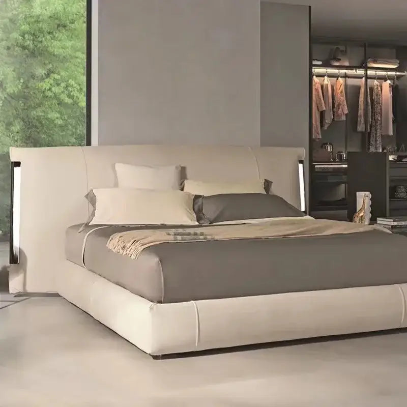 Minimalist PU Leather Double Veneer Wood Bed Frame - Beige / 180 x 200 cm - Bedroom