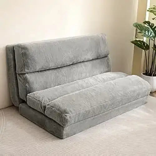 Modern Convertible Bean Bag Folding Fur Sofa Bed - Grey Fur - Compressed Sofa