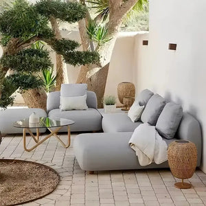 Modern gray outdoor patio sofa set with waterproof cushions and fade resistant fabric