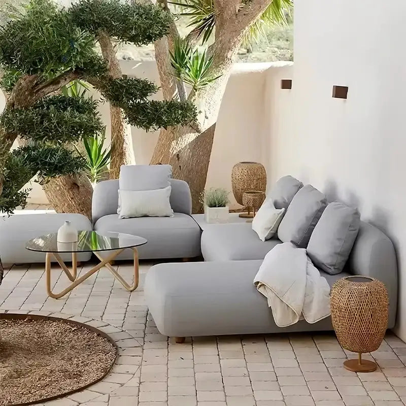 Modern gray outdoor patio sofa set with waterproof cushions and fade resistant fabric