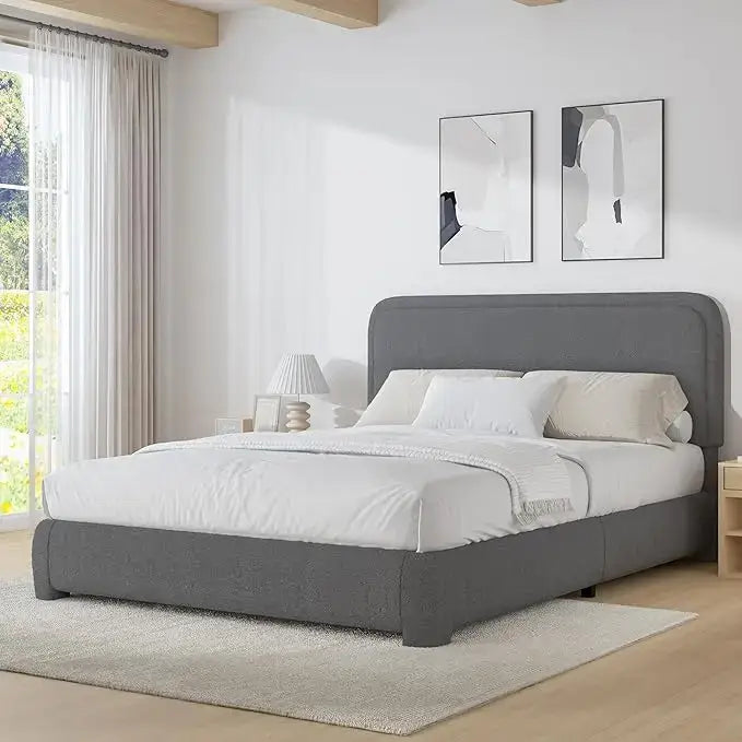 Modern Headboard Rounded Corners Frame Platform Bed - Dark Grey / Queen - Home