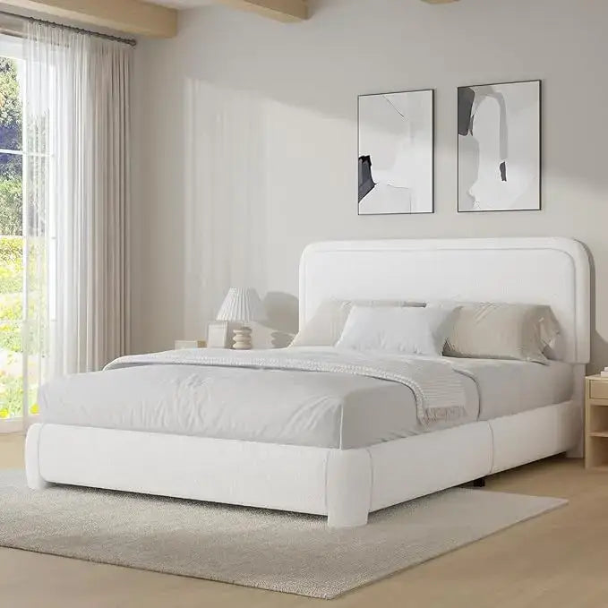 Modern Headboard Rounded Corners Frame Platform Bed - White / Queen - Home