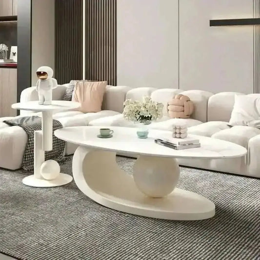 Modern Irregular Base Oval Side Coffee Table - White 100x50x42cm - Multifunctional coffee table