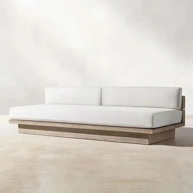 Modern Japanese garden sofa displaying durable waterproof fabric weave and textured material construction detail.