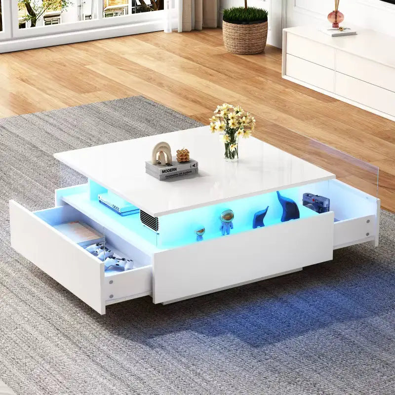 Modern LED 2 Drawers Transparent Coffee Table - White - Multifunctional coffee table