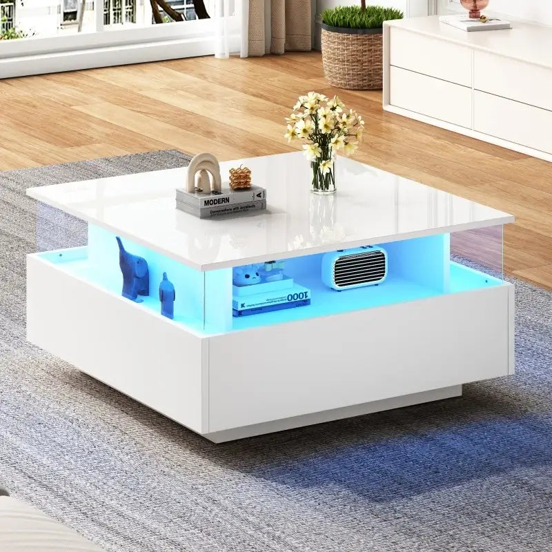 Modern LED 2 Drawers Transparent Coffee Table - White - Multifunctional coffee table