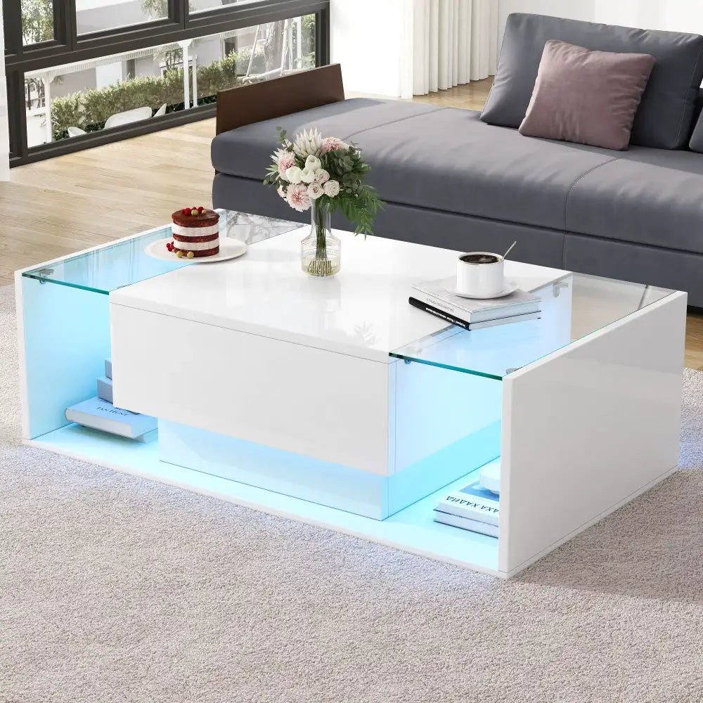 Modern LED Minimalist Drawer Glass Shelf Coffee Table - Multifunctional coffee table