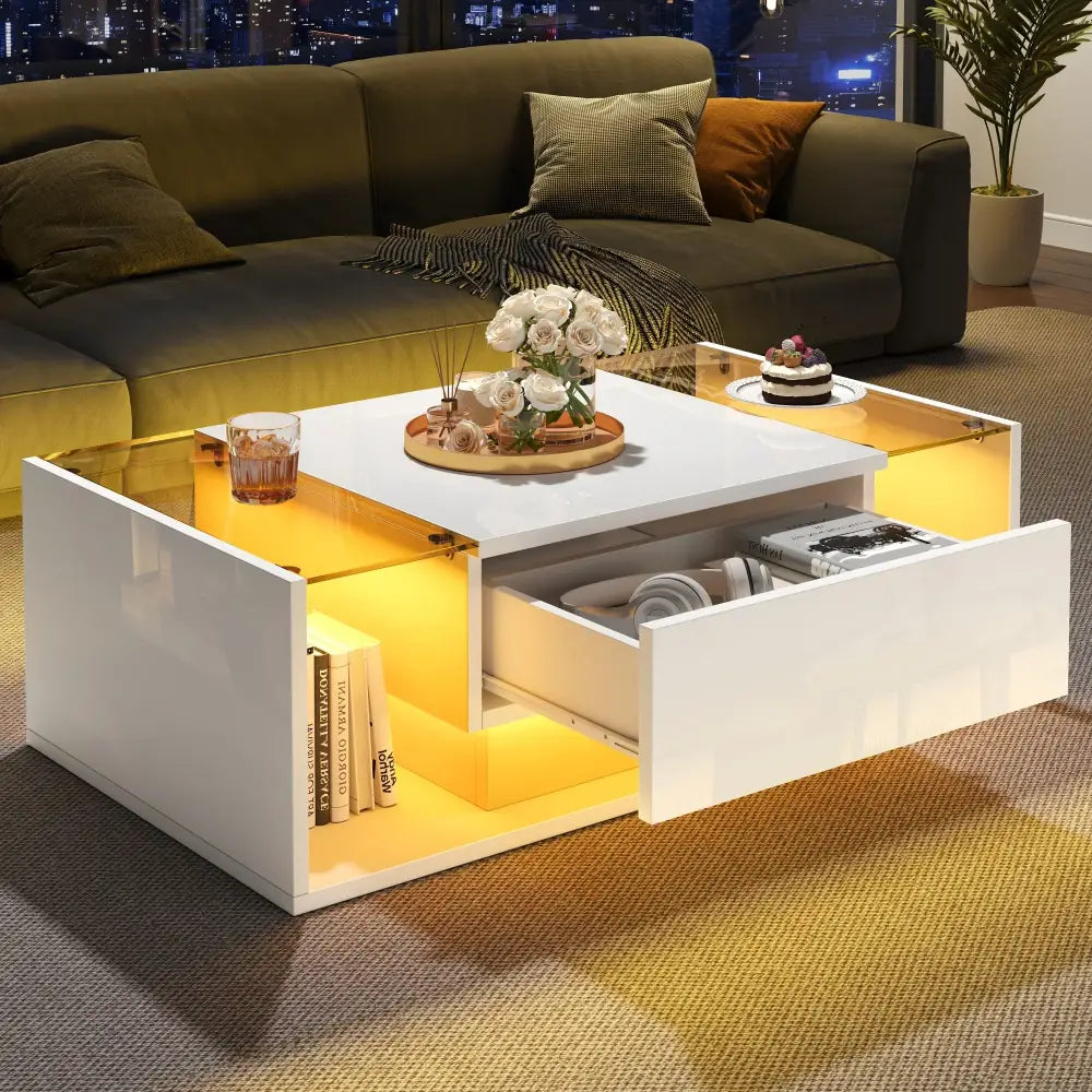 Modern LED Minimalist Drawer Glass Shelf Coffee Table - White - Multifunctional coffee table