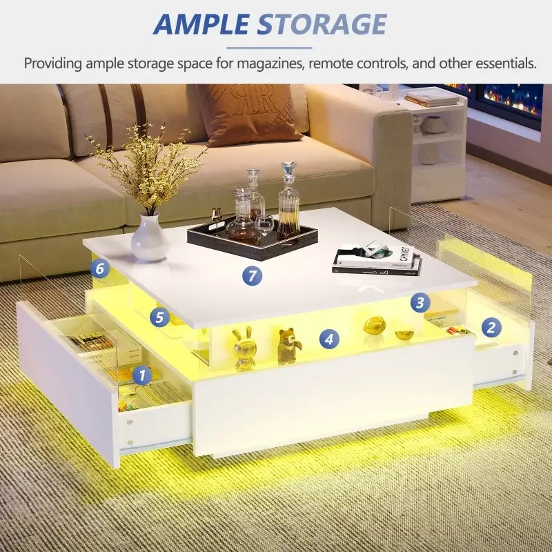 Modern LED 2 Drawers Transparent Coffee Table - White - Multifunctional coffee table