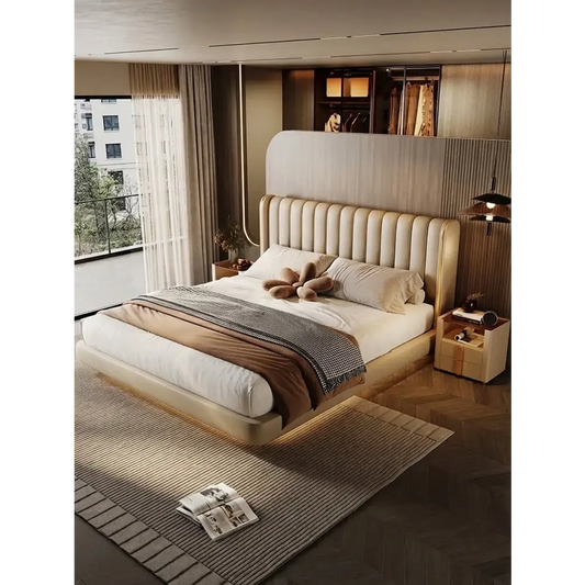 Modern Luxury PU Leather Light Storage Double Bed - Beige / 150 x 200 cm - Bedroom