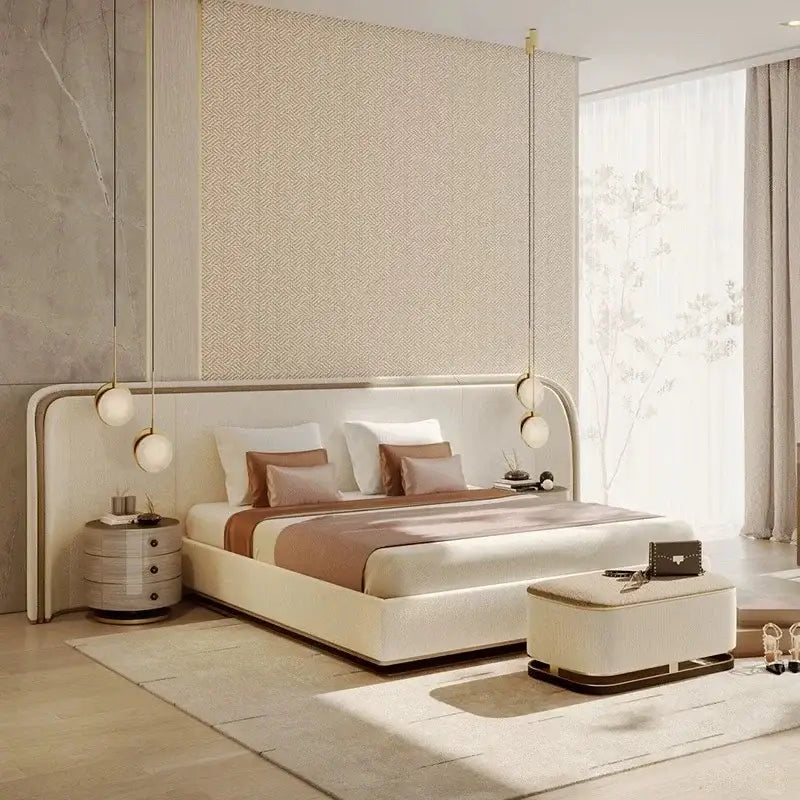 Modern Luxury Wood Crown Headboard Bed Frames - Microfiber Leather / 150 x 200 cm - Bedroom