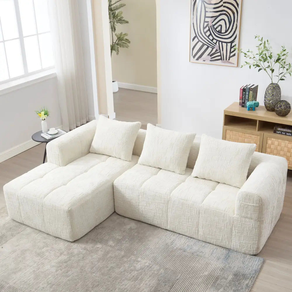 Modern Modular L Shaped 3 Seater Chaise Lounge Sofa - Ivory - Compressed Sofa