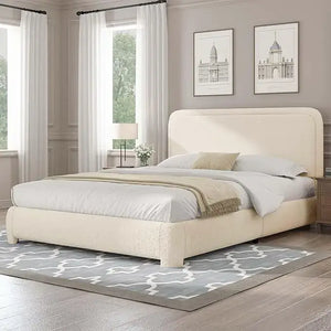 Modern Headboard Rounded Corners Frame Platform Bed - Cream / Queen - Home
