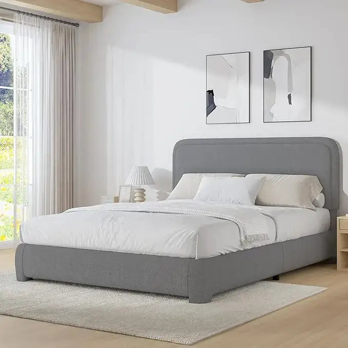 Modern Headboard Rounded Corners Frame Platform Bed - Light Grey / Queen - Home