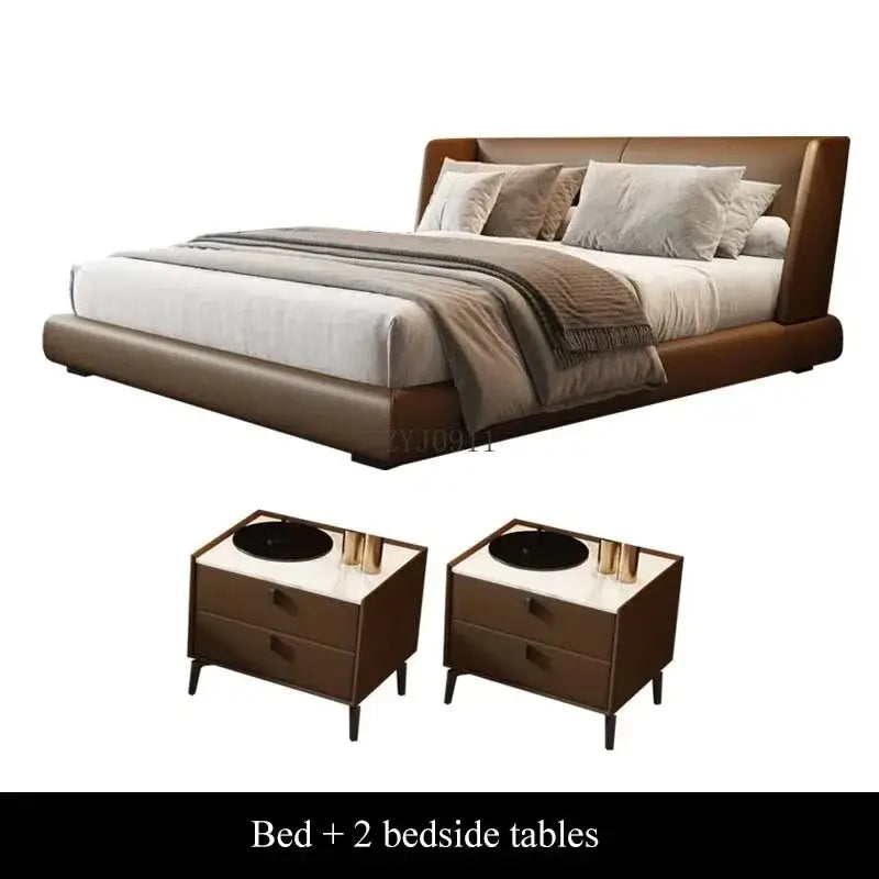 Modern PU Leather King Wood Double Bed Pine Frame - Bedroom