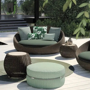 Modern rattan garden sofa set with woven all-weather material in warm brown finish