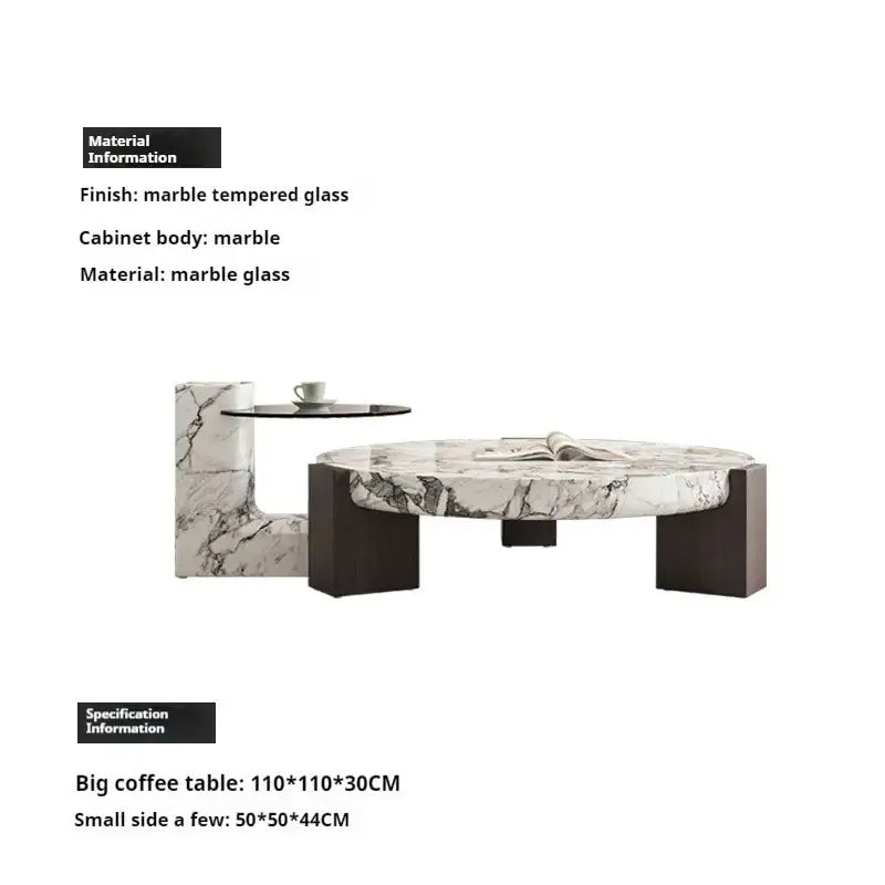 Modern Round Marble Top Legs Coffee Table - 110 x 50CM - Table + Left Table - Multifunctional coffee table