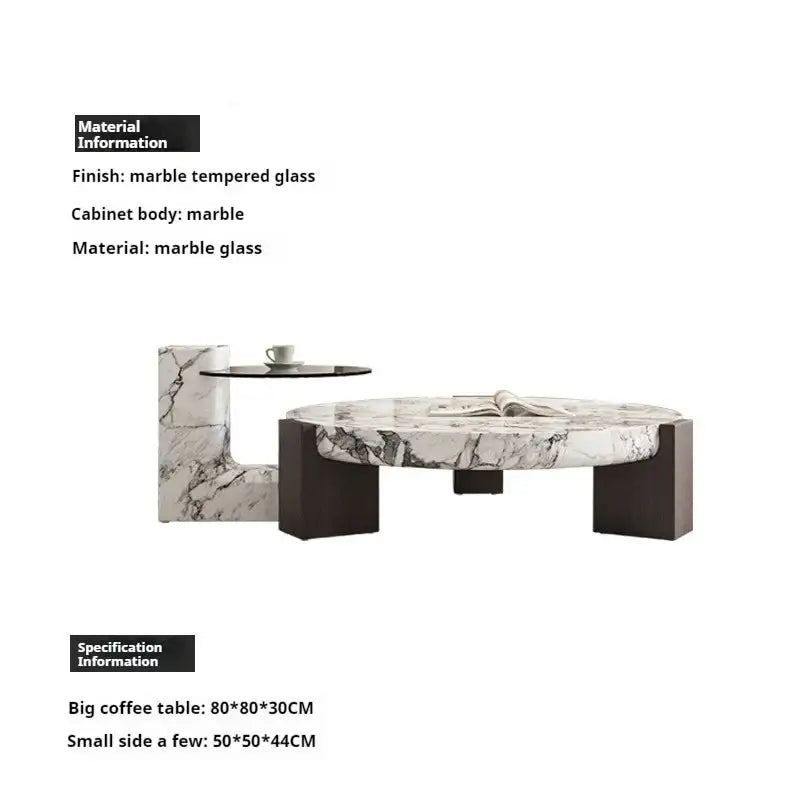 Modern Round Marble Top Legs Coffee Table - 80 x 50CM - Table + Left Table - Multifunctional coffee table