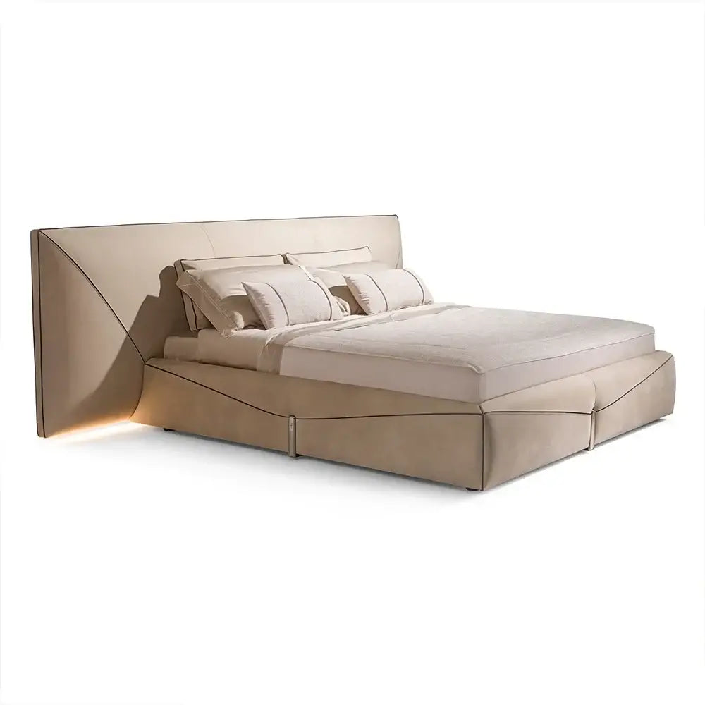 Modern Upholstered Headboard Soft Leather Bed Frame - Beige - Bedroom