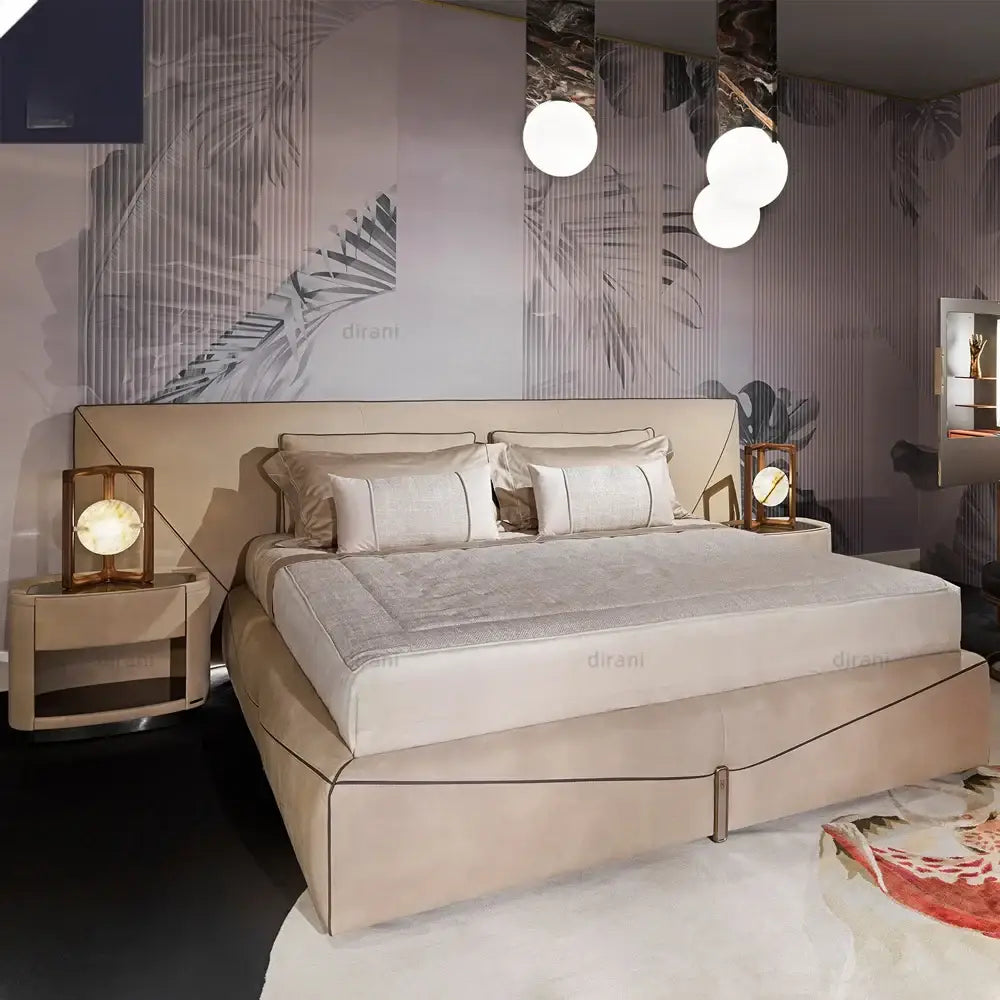 Modern Upholstered Headboard Soft Leather Bed Frame - Beige - Bedroom