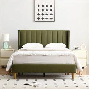 Modern Velvet Platform Double Wing Headboard Full Bed Frame - Green - Home