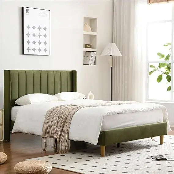 Modern Velvet Platform Double Wing Headboard Full Bed Frame - Green - Home