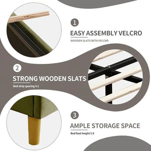 Modern Velvet Platform Double Wing Headboard Full Bed Frame - Green - Home