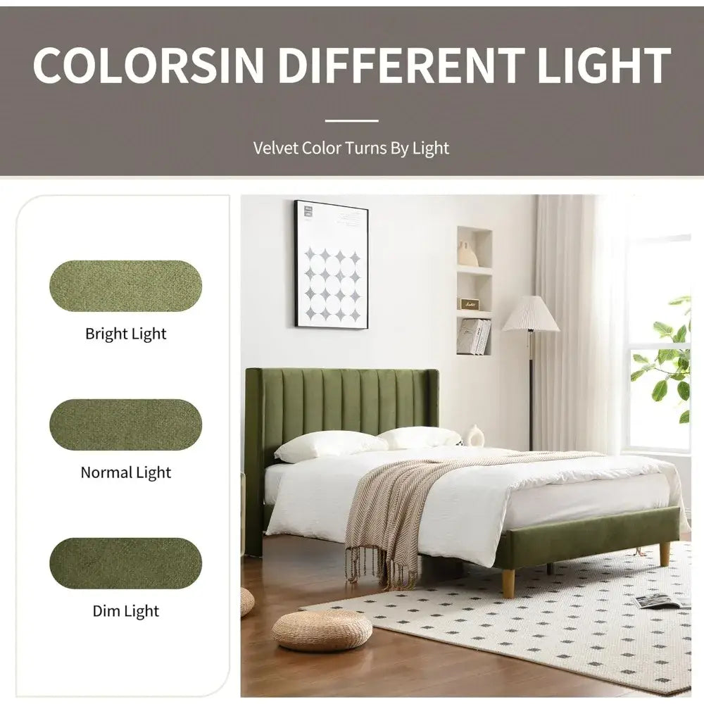 Modern Velvet Platform Double Wing Headboard Full Bed Frame - Green - Home