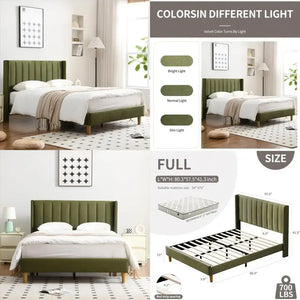 Modern Velvet Platform Double Wing Headboard Full Bed Frame - Green - Home