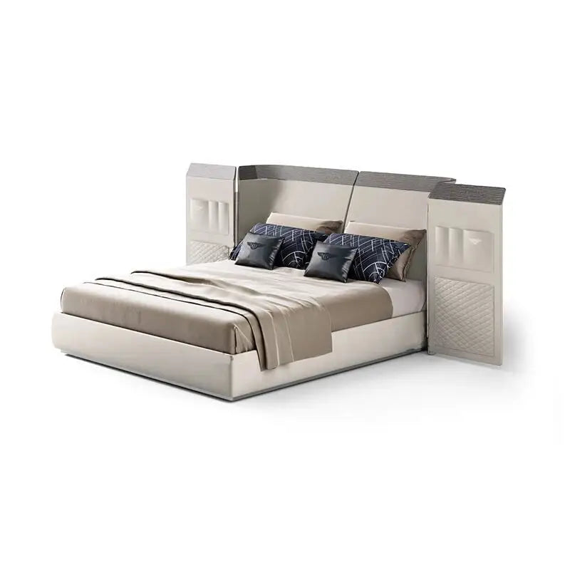 Modern Wood Double Bed High End Bed Frame - Beige / Bed Frame + Extra Nightside: 341 x 129 x 221 cm - Bedroom