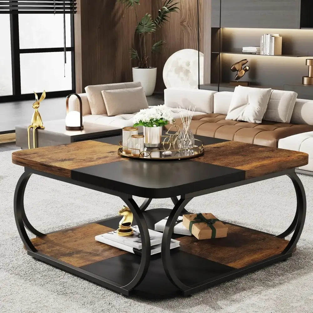 Modern Wooden Storage Square 2 Tiers Coffee Table - Brown - Multifunctional coffee table