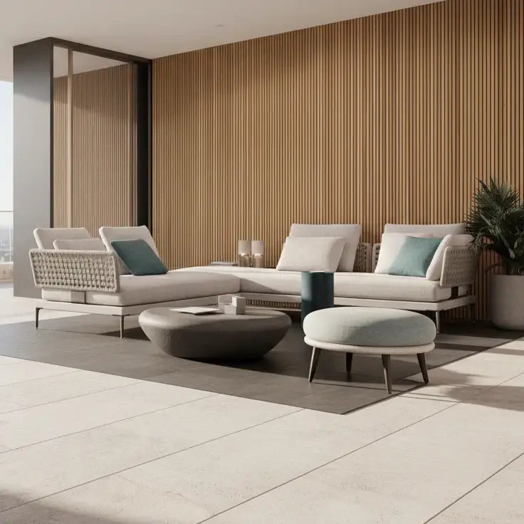 Modular L-shaped outdoor rattan sofa set with cushions and coffee table in aluminum frame