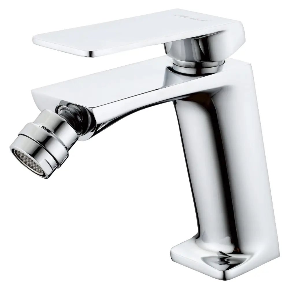 Chrome single handle bidet faucet with modern minimalist design closeup
