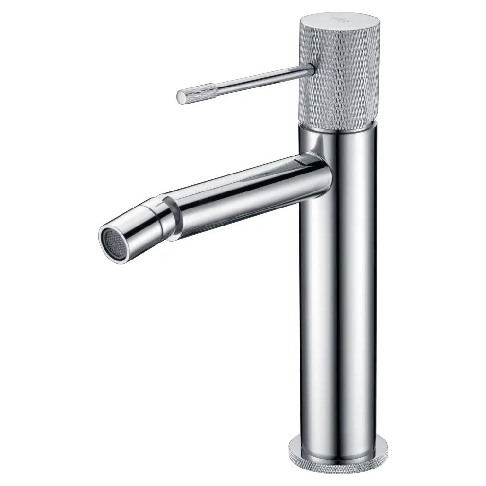 Chrome single lever bidet mixer with modern minimalist design on white background