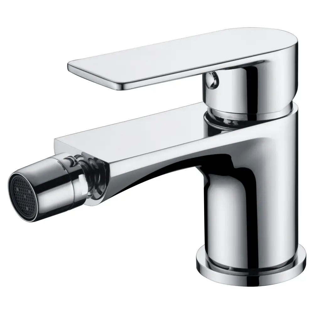 Chrome single lever bidet with modern minimalist design on white background