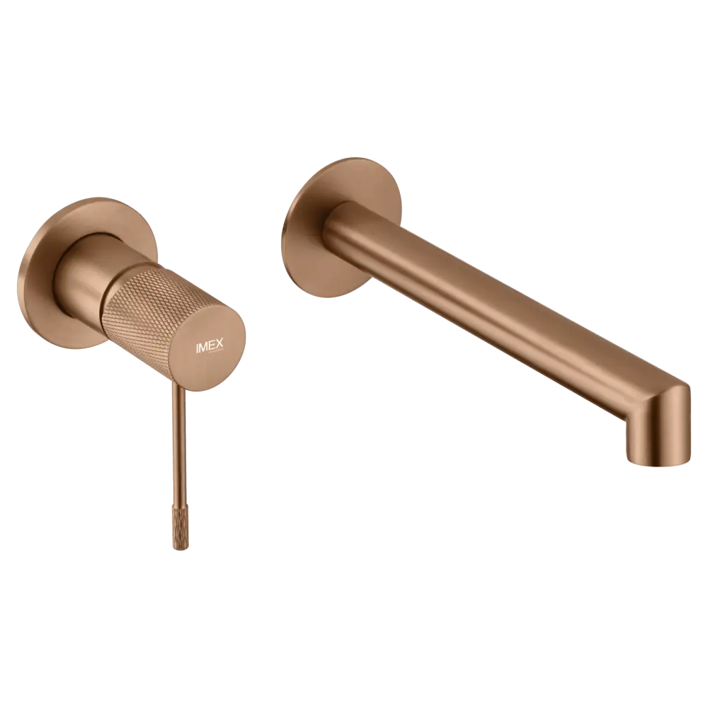 Brushed rose gold modern single lever basin faucet on white background