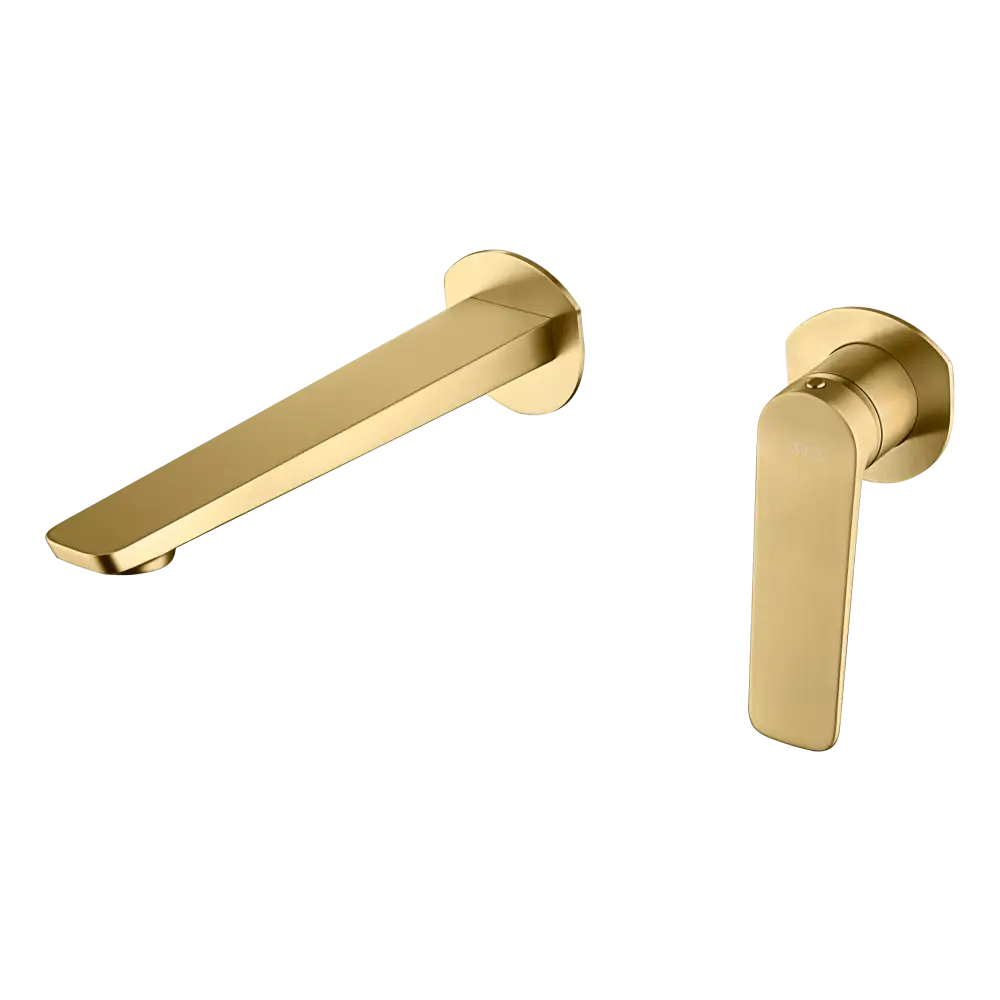 Brushed gold single lever sink mixer faucet on white background closeup