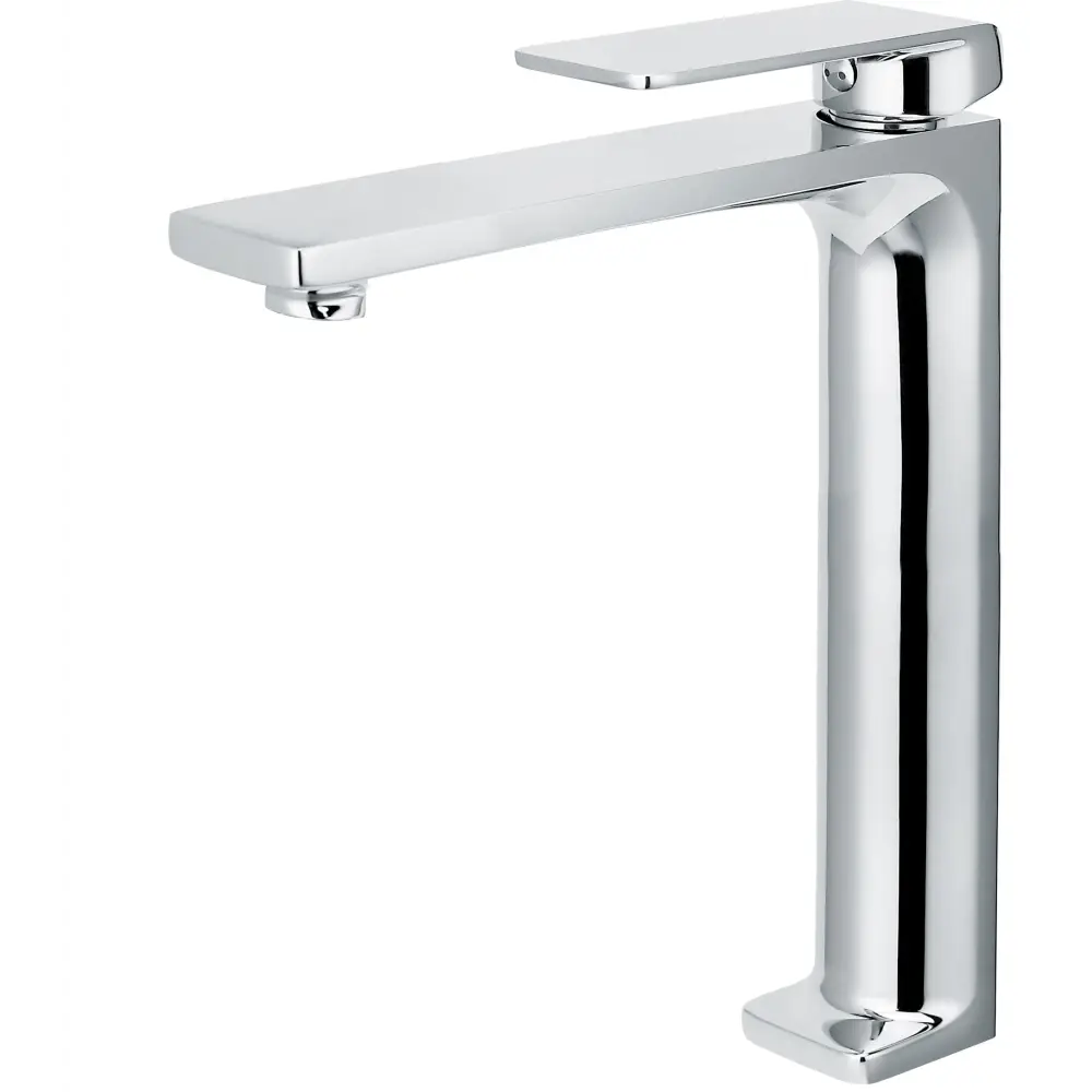 Chrome single lever basin faucet with modern design on white background