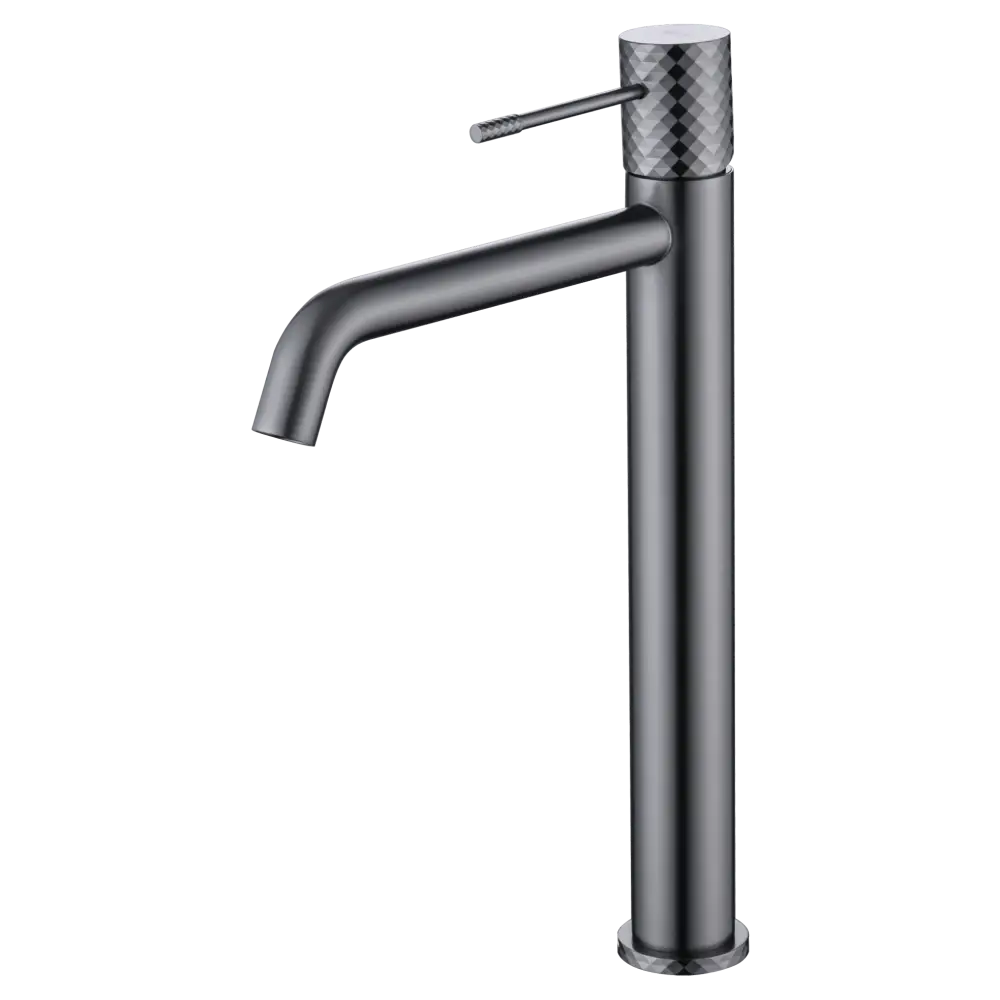 Tall black gun metal single handle basin mixer faucet on white background