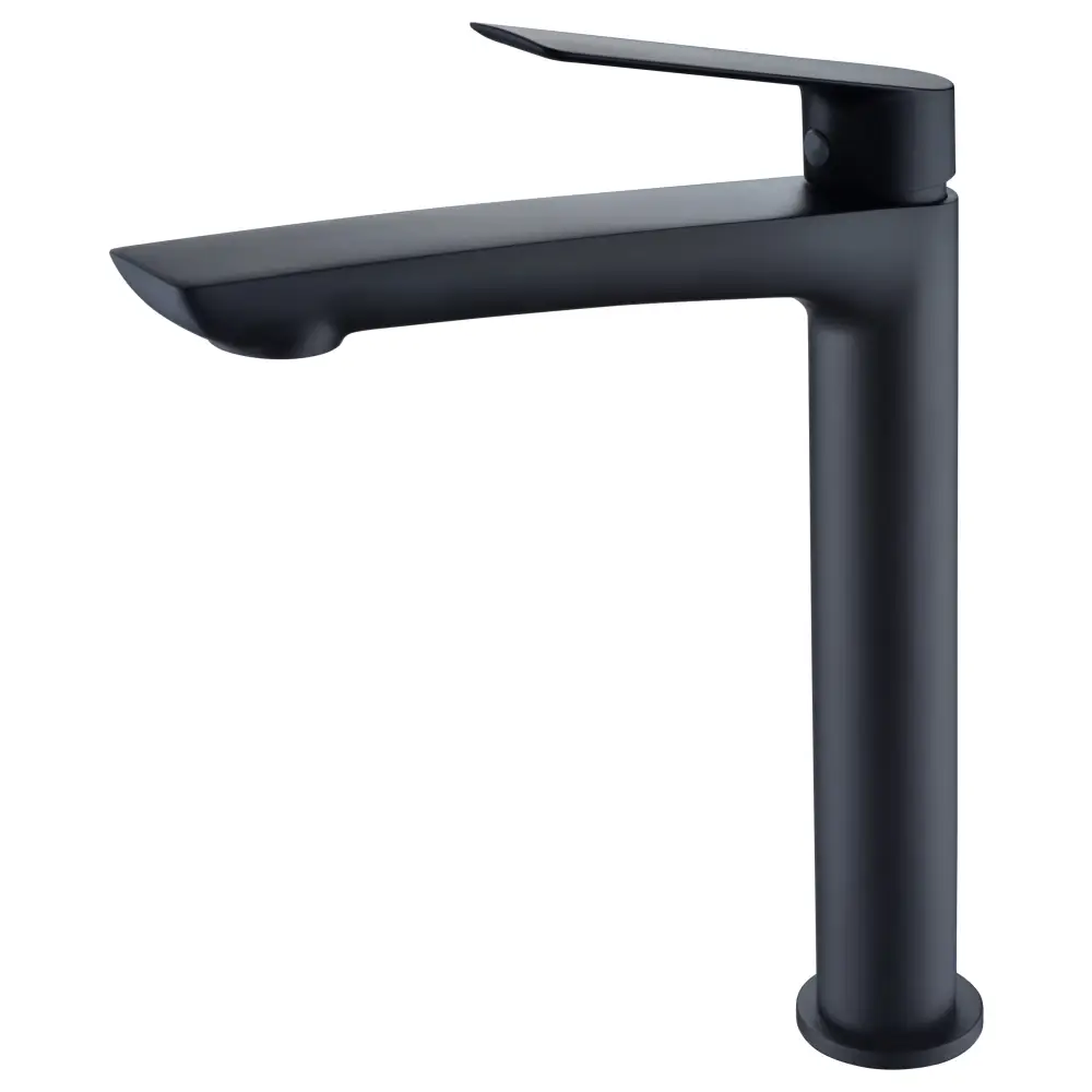 Tall matte black single handle bathroom faucet with minimalist design on white background