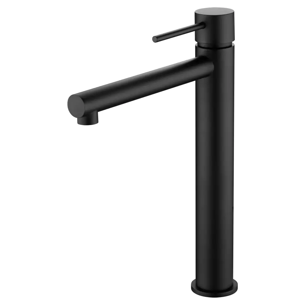 Matte black tall sink mixer faucet modern design on white background