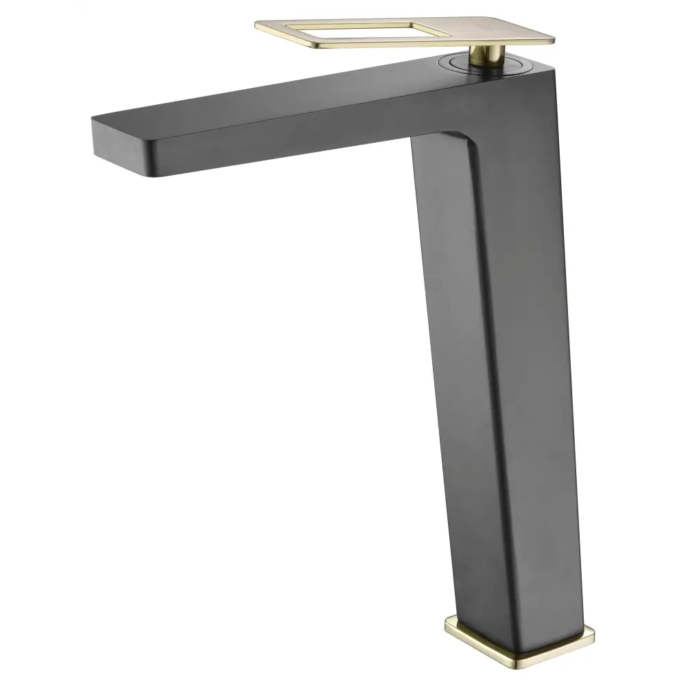 Tall black and gold single lever bathroom sink faucet on white background