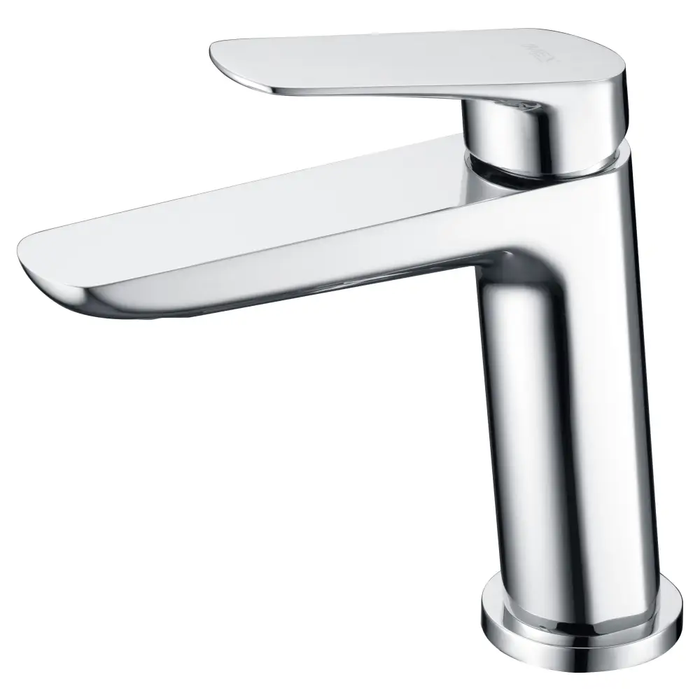 Chrome single lever basin mixer faucet with polished finish on white background