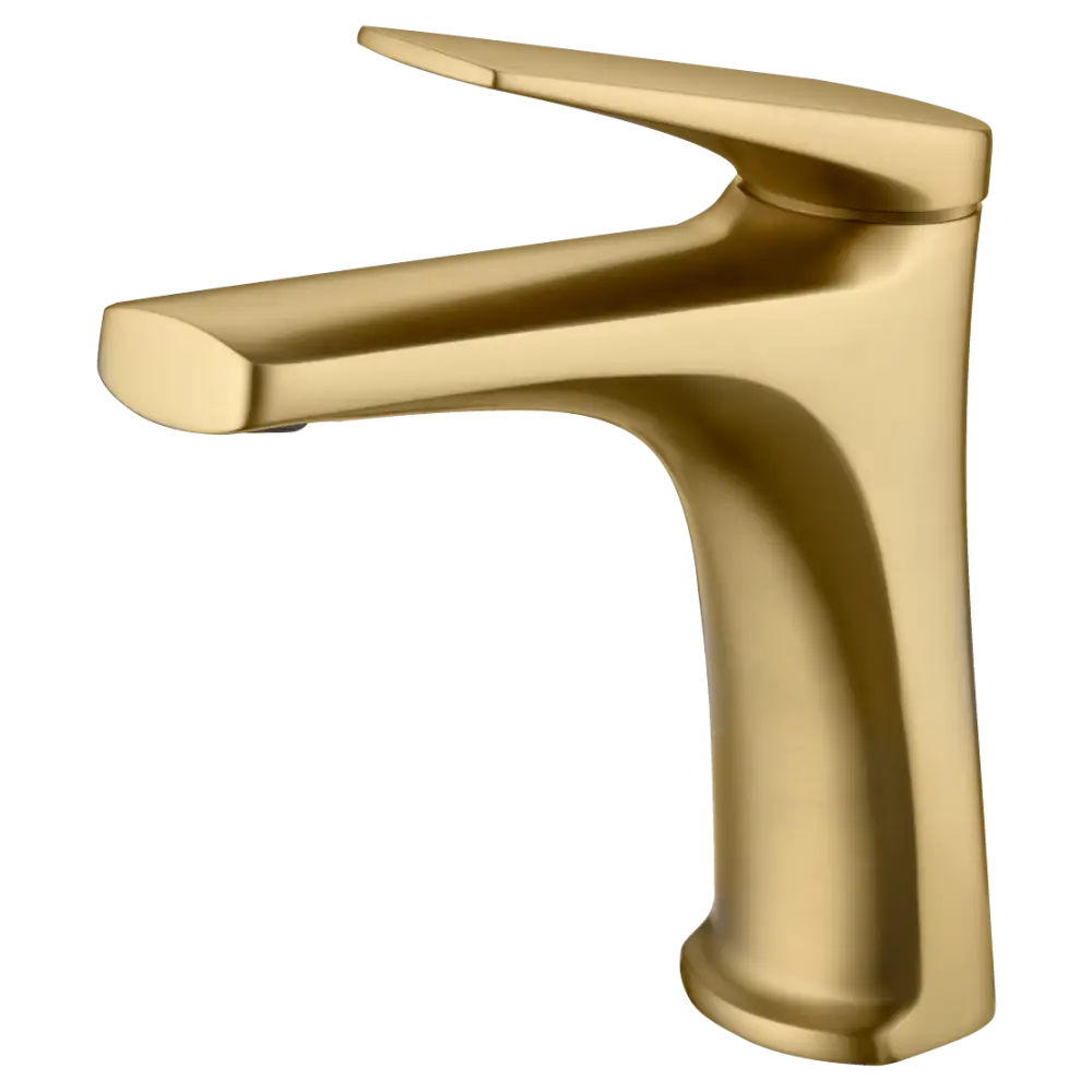 Brushed gold modern single handle basin mixer faucet on white background