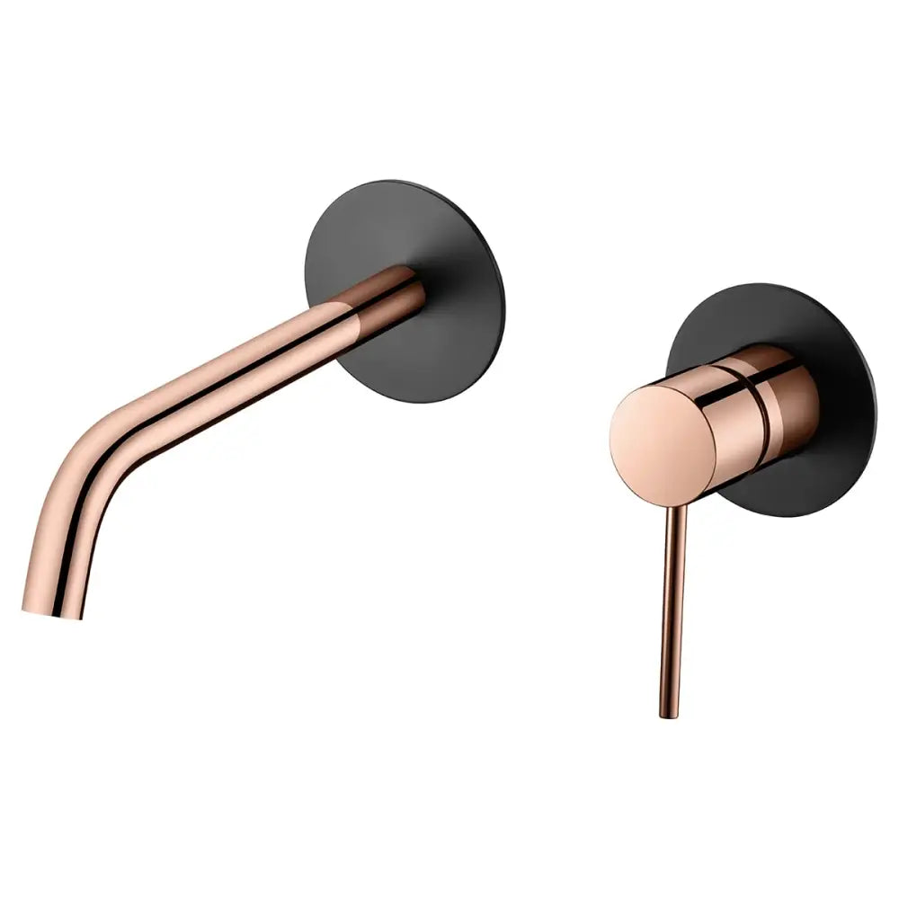 Black and rose gold single lever bathroom sink faucet on white background